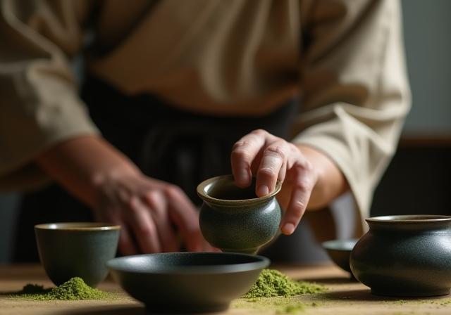 Traditional Japanese tea ceremony being performed in a serene setting, representing cultural experience.